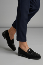 Women's orthopaedic loafers black flat sole slip-on with croc-embossed panel