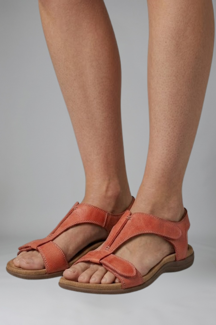 Women's orthopedic sandals with cushioned footbed and T-strap, flat summer open-toe design