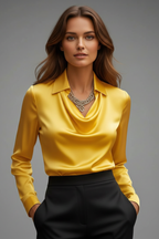 Women satin blouse draped collar long sleeves in multiple colours