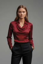 Women satin blouse draped collar long sleeves in multiple colours