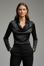 Women satin blouse draped collar long sleeves in multiple colours