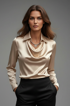 Women satin blouse draped collar long sleeves in multiple colours