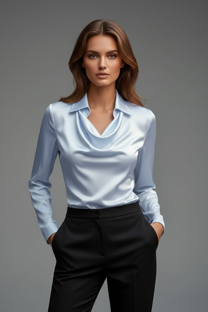 Women satin blouse draped collar long sleeves in multiple colours