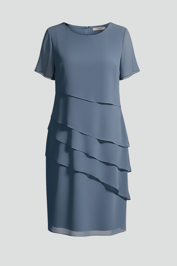 Women's short sleeve dress with layered front panel and straight knee-length hem