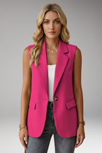 Women's sleeveless blazer with notch collar and flap pockets, structured tailored fit