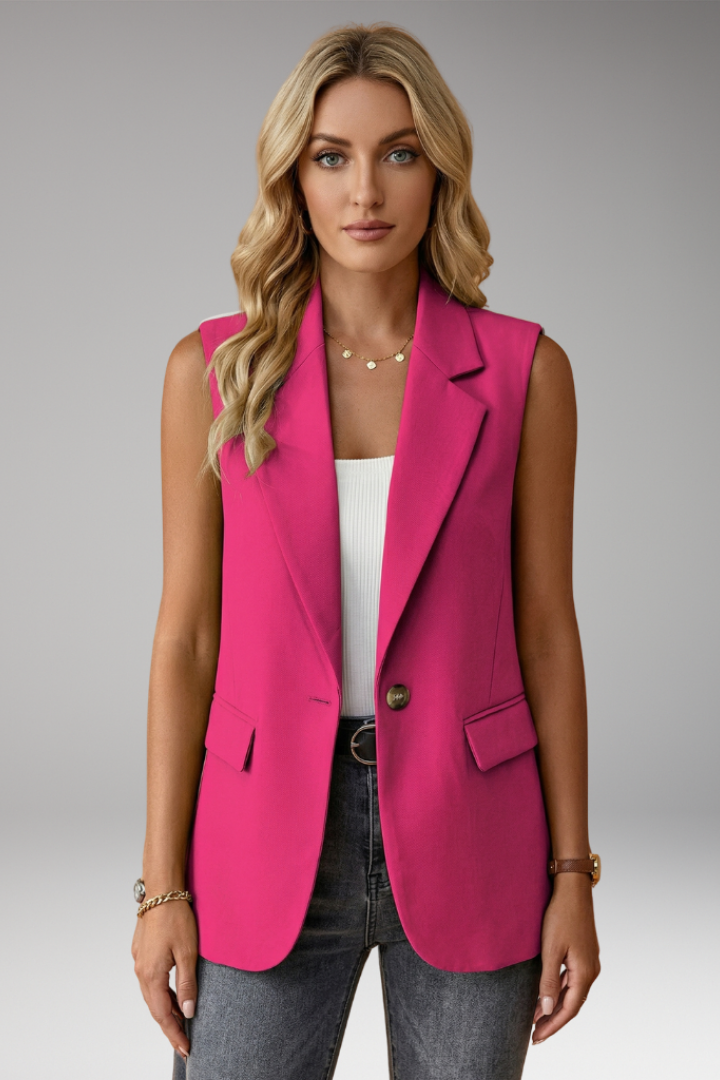 Women's sleeveless blazer with notch collar and flap pockets, structured tailored fit