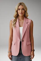 Women's sleeveless blazer with notch collar and flap pockets, structured tailored fit