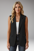 Women's sleeveless blazer with notch collar and flap pockets, structured tailored fit