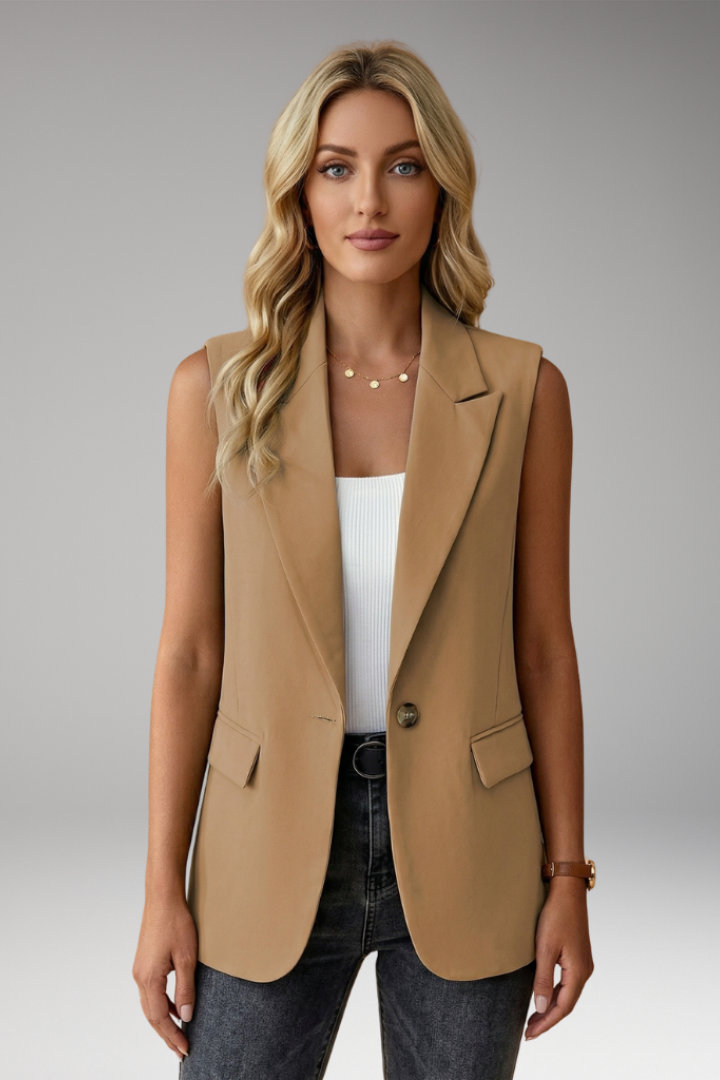 Women's sleeveless blazer with notch collar and flap pockets, structured tailored fit
