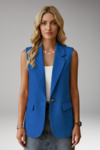 Women's sleeveless blazer with notch collar and flap pockets, structured tailored fit