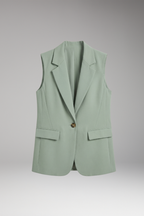 Women's sleeveless blazer with notch collar and flap pockets, structured tailored fit