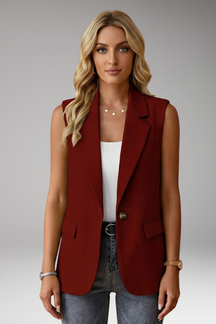 Women's sleeveless blazer with notch collar and flap pockets, structured tailored fit
