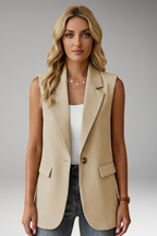 Women's sleeveless blazer with notch collar and flap pockets, structured tailored fit