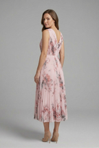 Women's sleeveless V-neck dress with pleated midi skirt and all-over printed pattern