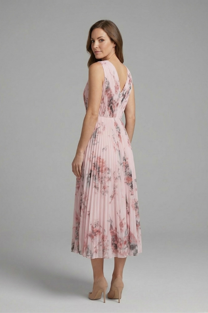 Women's sleeveless V-neck dress with pleated midi skirt and all-over printed pattern