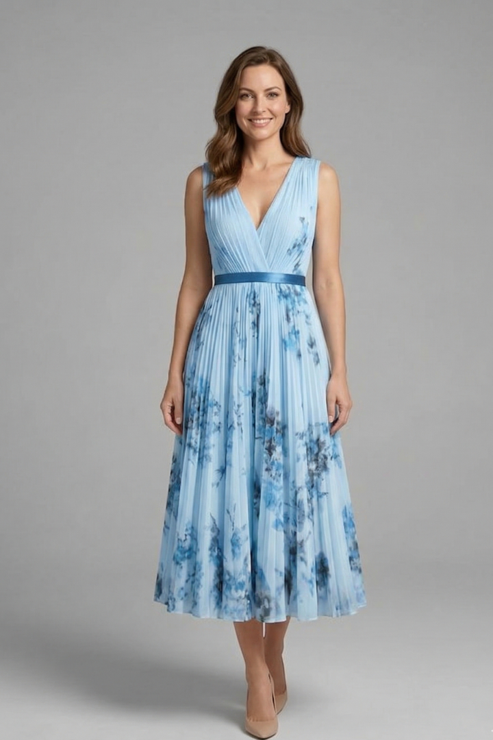 Women's sleeveless V-neck dress with pleated midi skirt and all-over printed pattern