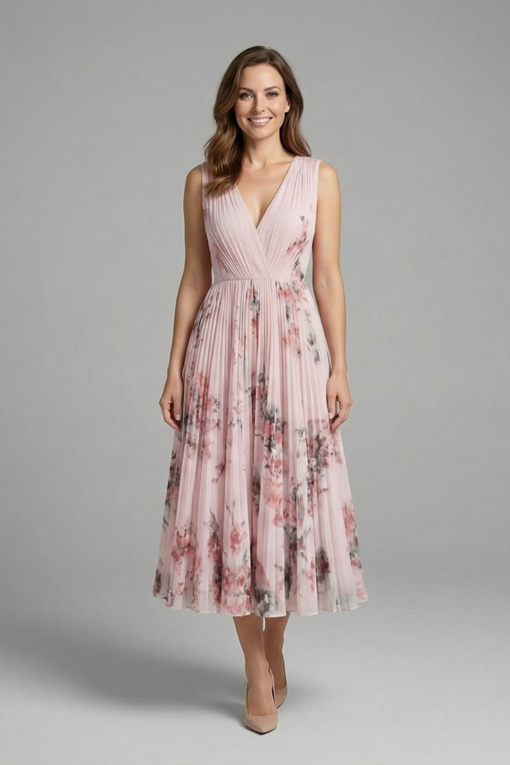 Women's sleeveless V-neck dress with pleated midi skirt and all-over printed pattern