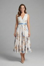 Women's sleeveless V-neck dress with pleated midi skirt and all-over printed pattern