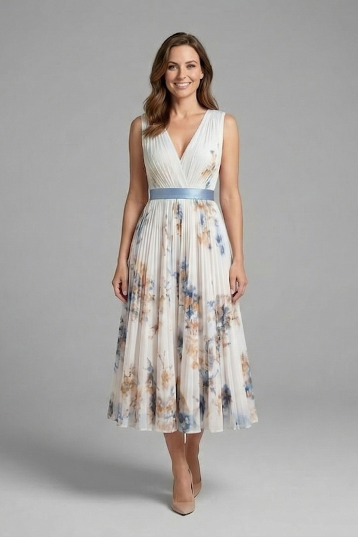 Women's sleeveless V-neck dress with pleated midi skirt and all-over printed pattern