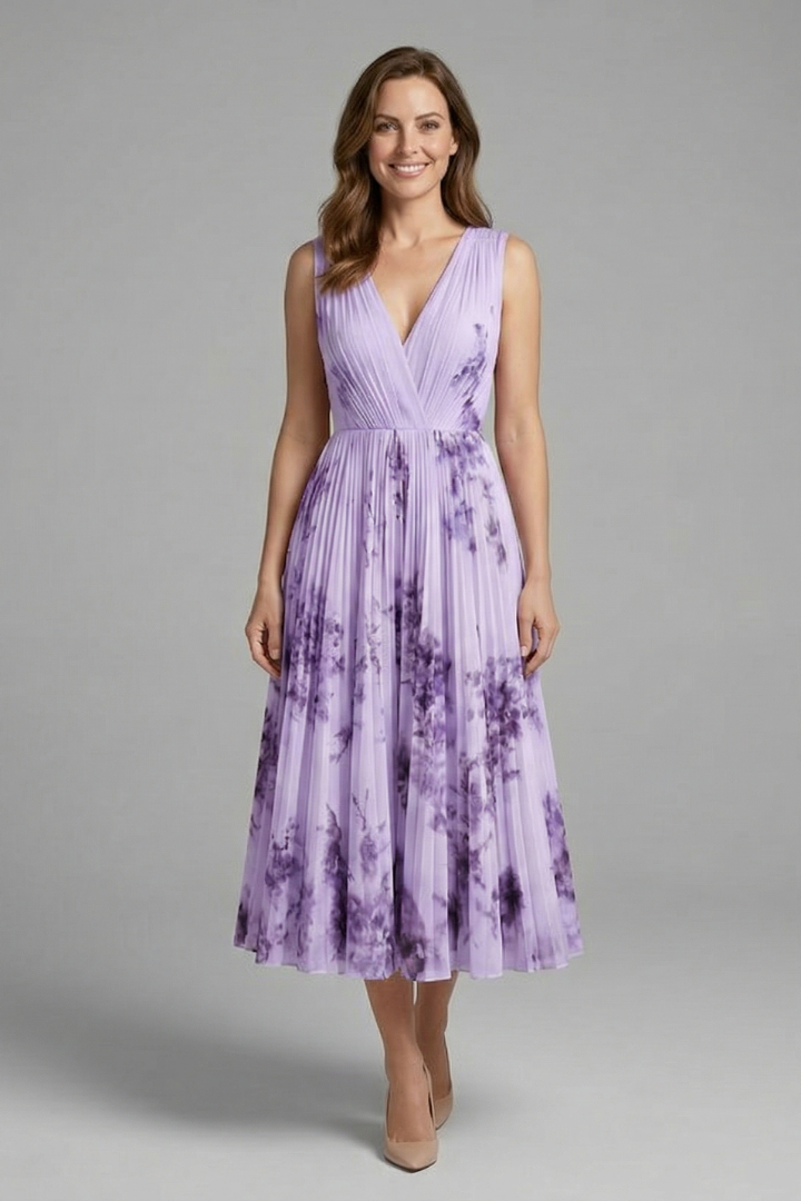 Women's sleeveless V-neck dress with pleated midi skirt and all-over printed pattern