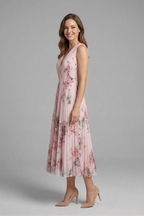 Women's sleeveless V-neck dress with pleated midi skirt and all-over printed pattern