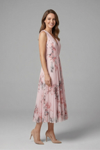 Women's sleeveless V-neck dress with pleated midi skirt and all-over printed pattern