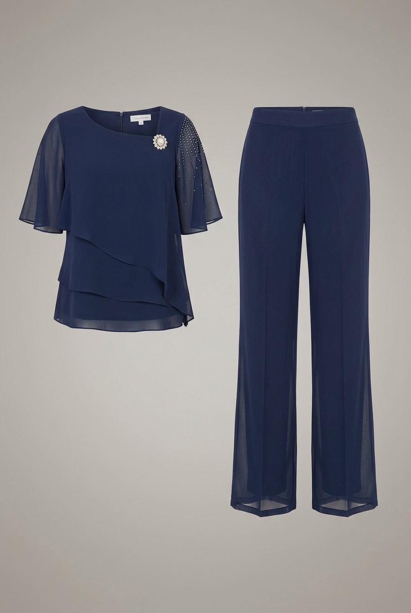 Women's two-piece set layered top and straight leg trousers in navy blue