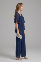 Women's two-piece set layered top and straight leg trousers in navy blue