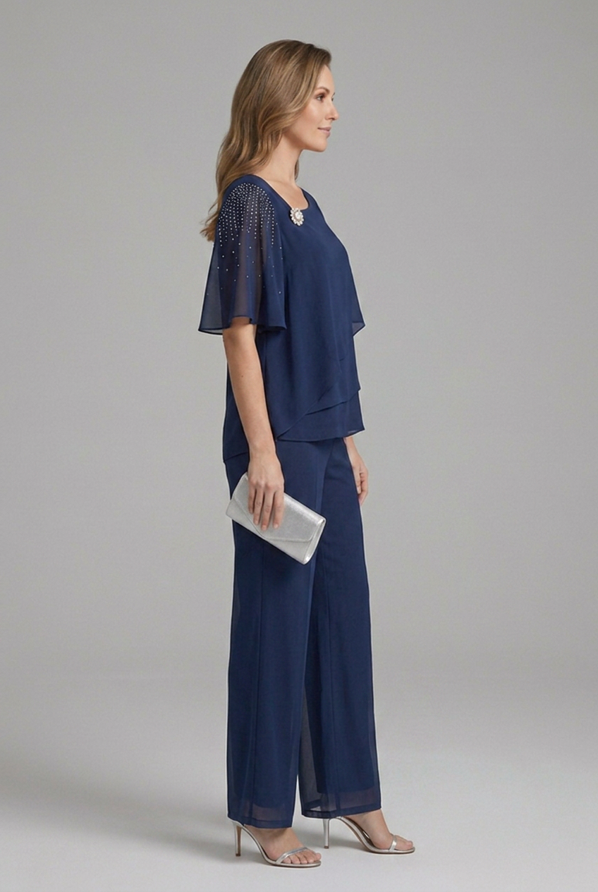 Women's two-piece set layered top and straight leg trousers in navy blue