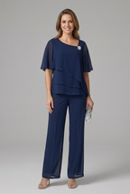 Women's two-piece set layered top and straight leg trousers in navy blue