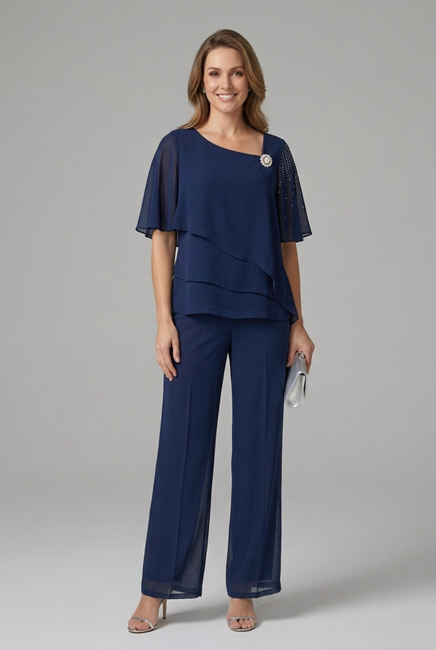 Women's two-piece set layered top and straight leg trousers in navy blue