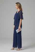 Women's two-piece set layered top and straight leg trousers in navy blue