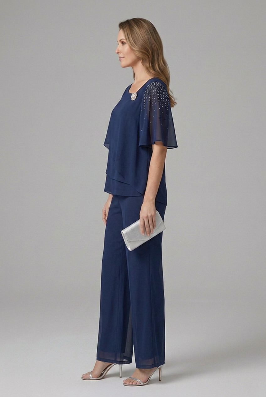 Women's two-piece set layered top and straight leg trousers in navy blue