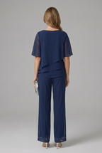 Women's two-piece set layered top and straight leg trousers in navy blue