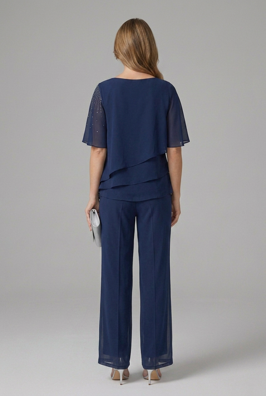 Women's two-piece set layered top and straight leg trousers in navy blue