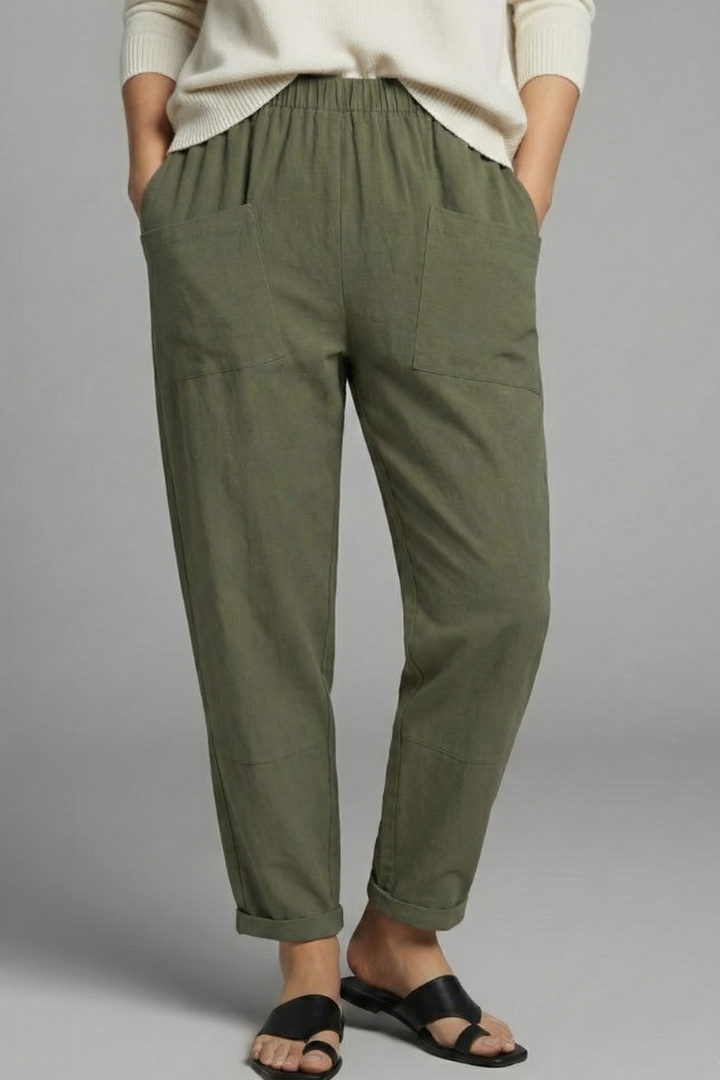 Women's trousers with elastic waist, side pockets and tapered ankle length