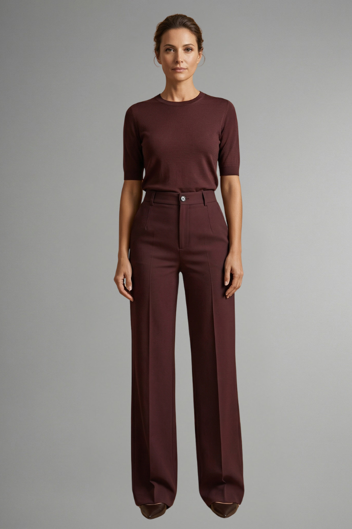 Women's high waist straight leg trousers with pull-on closure and stretch fabric