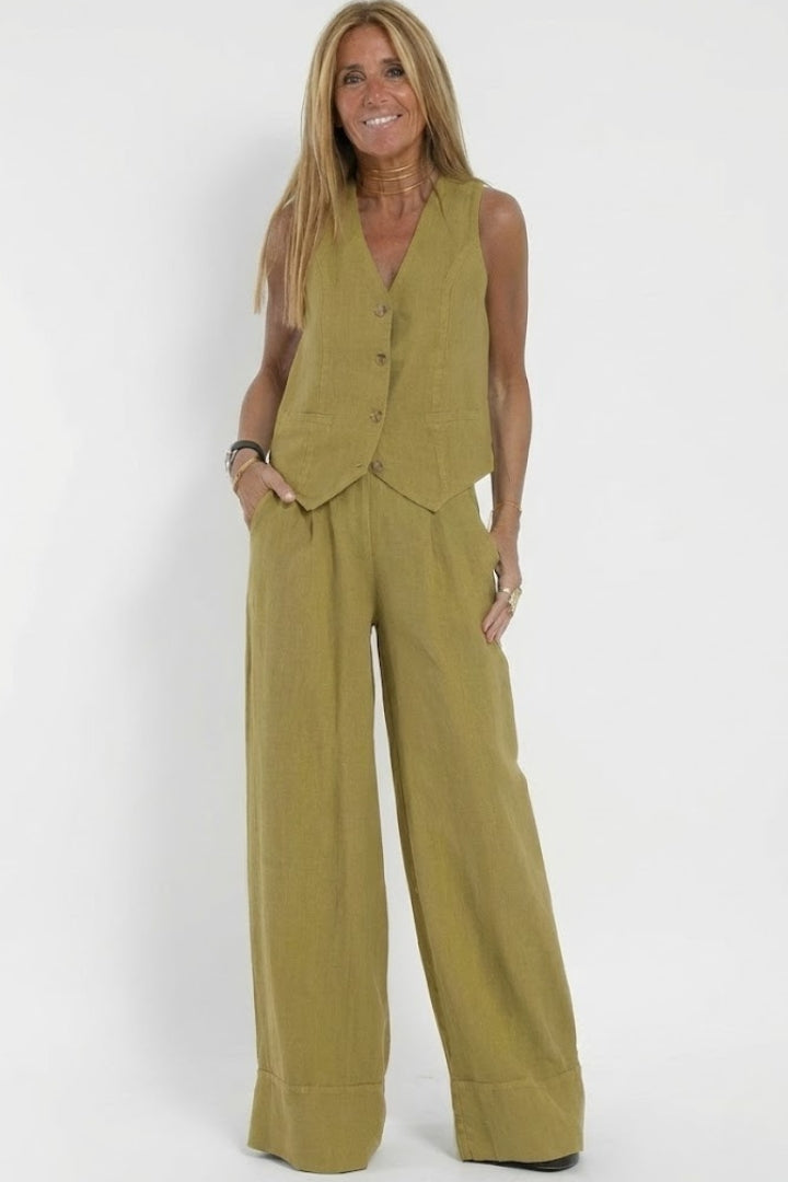 Women's two piece set V-neck waistcoat and trousers, casual everyday co-ord