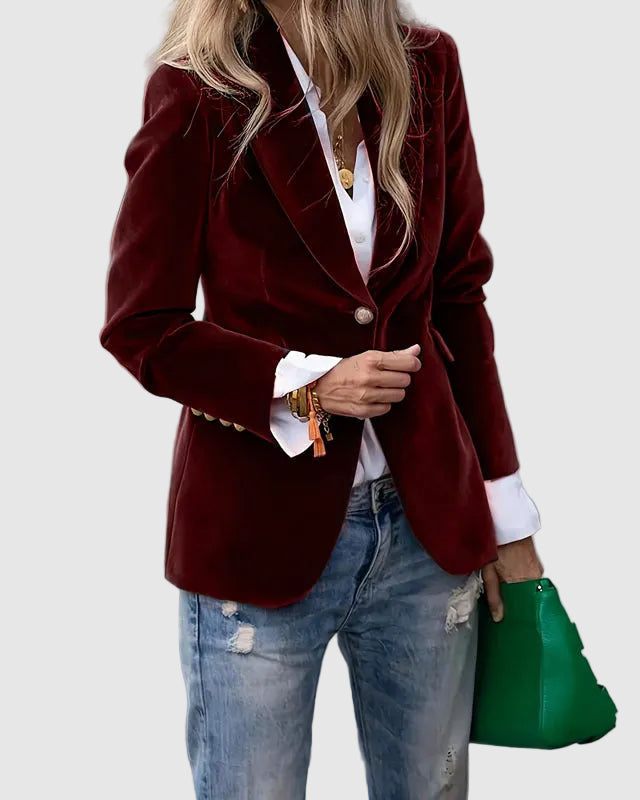 Velvet Blazer Women Notched Lapel Single Button Long Sleeve Winter