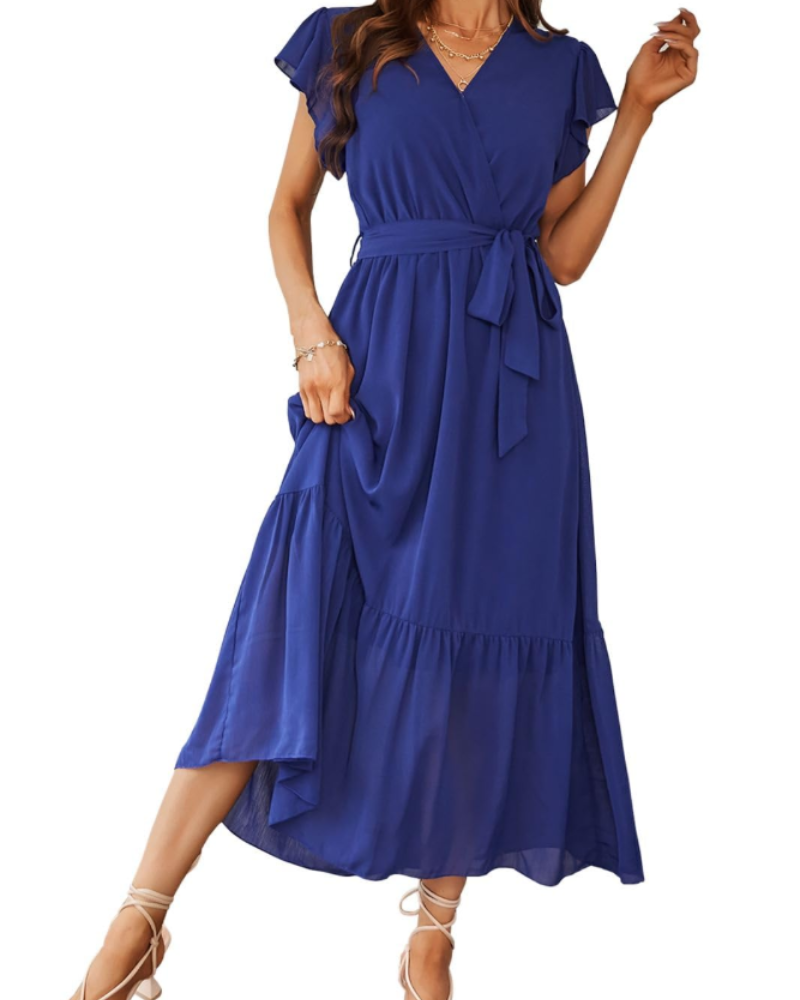 Women chiffon maxi dress floral bohemian V neck with flutter sleeves and ruffled hem