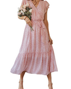 Women chiffon maxi dress floral bohemian V neck with flutter sleeves and ruffled hem