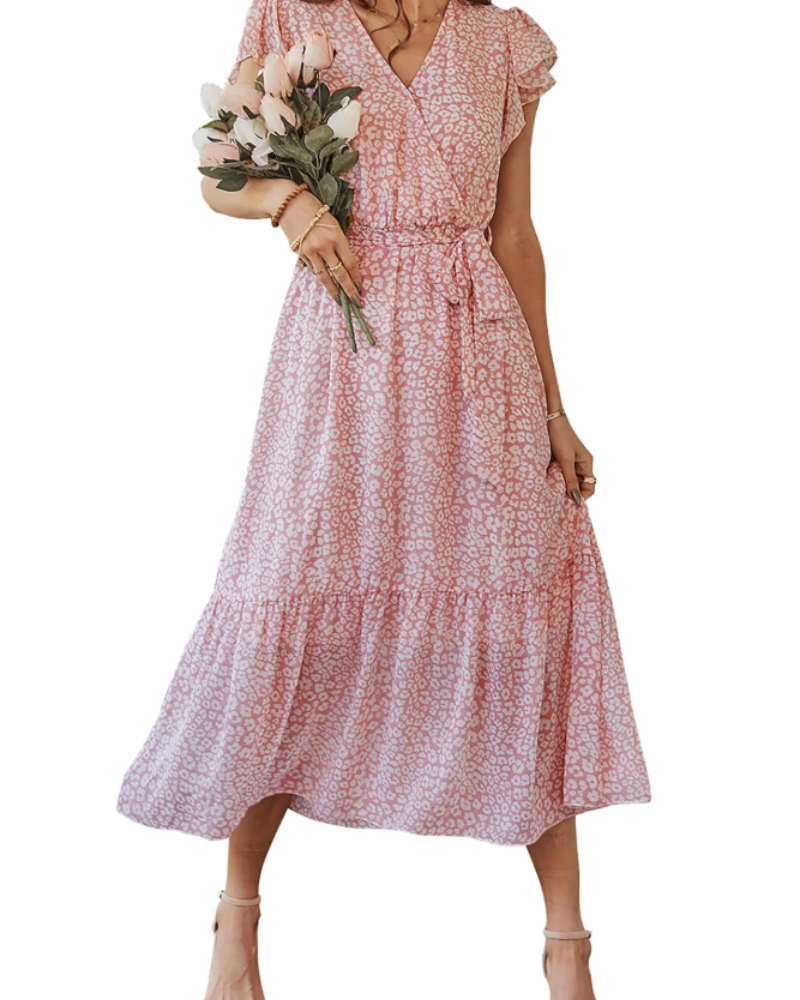 Women chiffon maxi dress floral bohemian V neck with flutter sleeves and ruffled hem