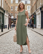 Women sleeveless maxi dress with side slit and pockets loose fit