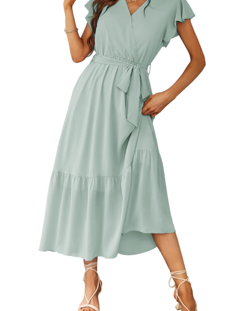 Women chiffon maxi dress floral bohemian V neck with flutter sleeves and ruffled hem