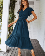 Women chiffon maxi dress floral bohemian V neck with flutter sleeves and ruffled hem