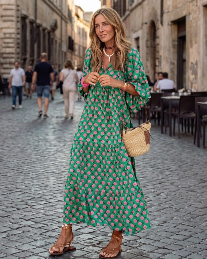 Women's green maxi boho dress with V-neckline and geometric print, flowy ankle-length