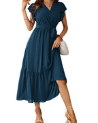 Women chiffon maxi dress floral bohemian V neck with flutter sleeves and ruffled hem