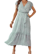 Women chiffon maxi dress floral bohemian V neck with flutter sleeves and ruffled hem