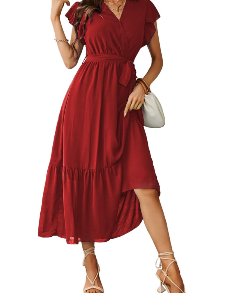 Women chiffon maxi dress floral bohemian V neck with flutter sleeves and ruffled hem