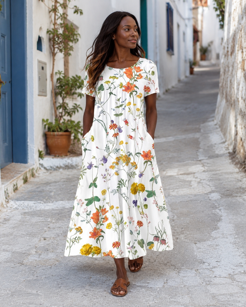 Women's floral summer dress short sleeve round neck in white lightweight fabric